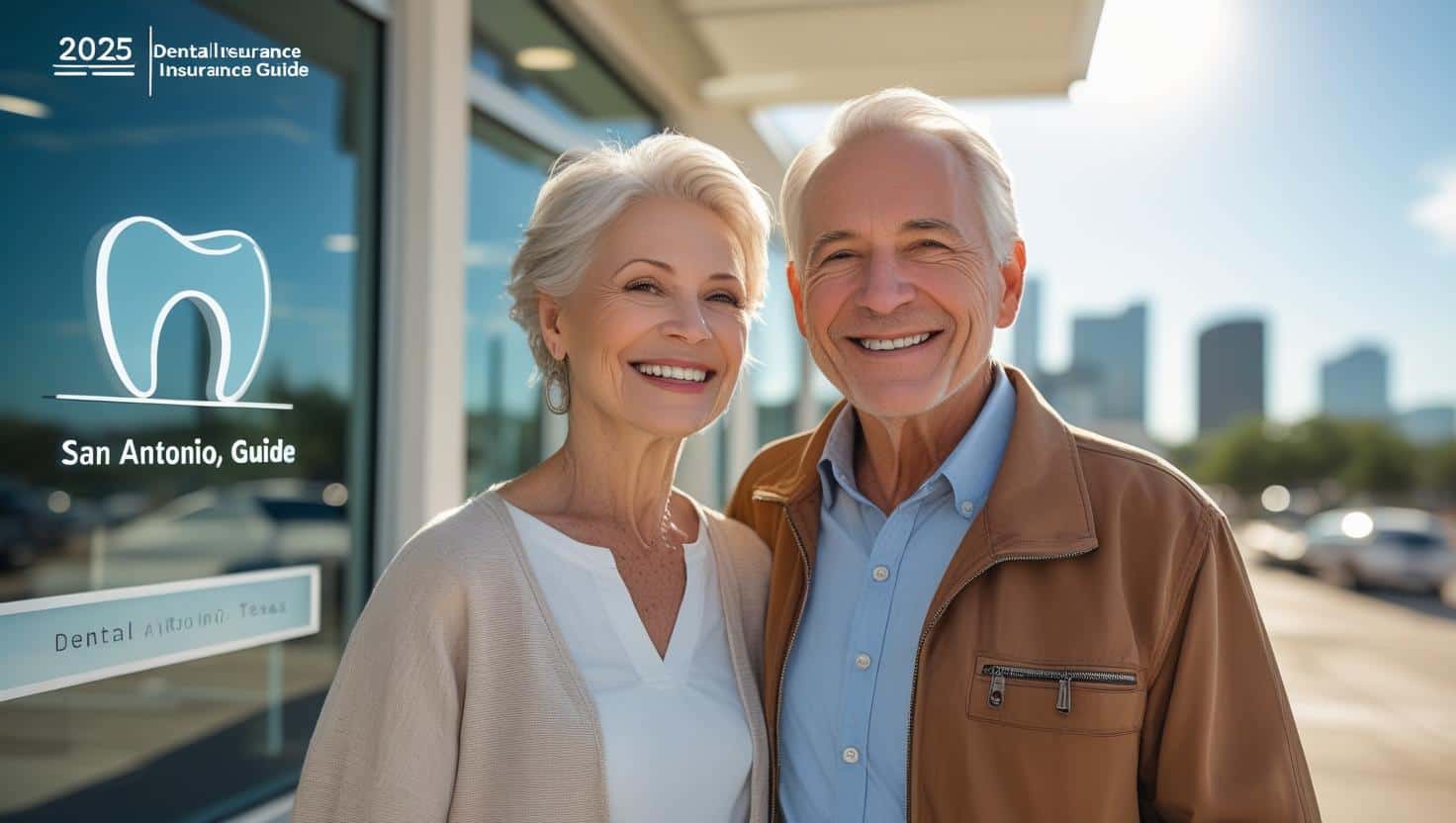 Elderly couple smiling with dental care icons and “San Antonio 2025” in the background, representing best dental insurance for seniors.