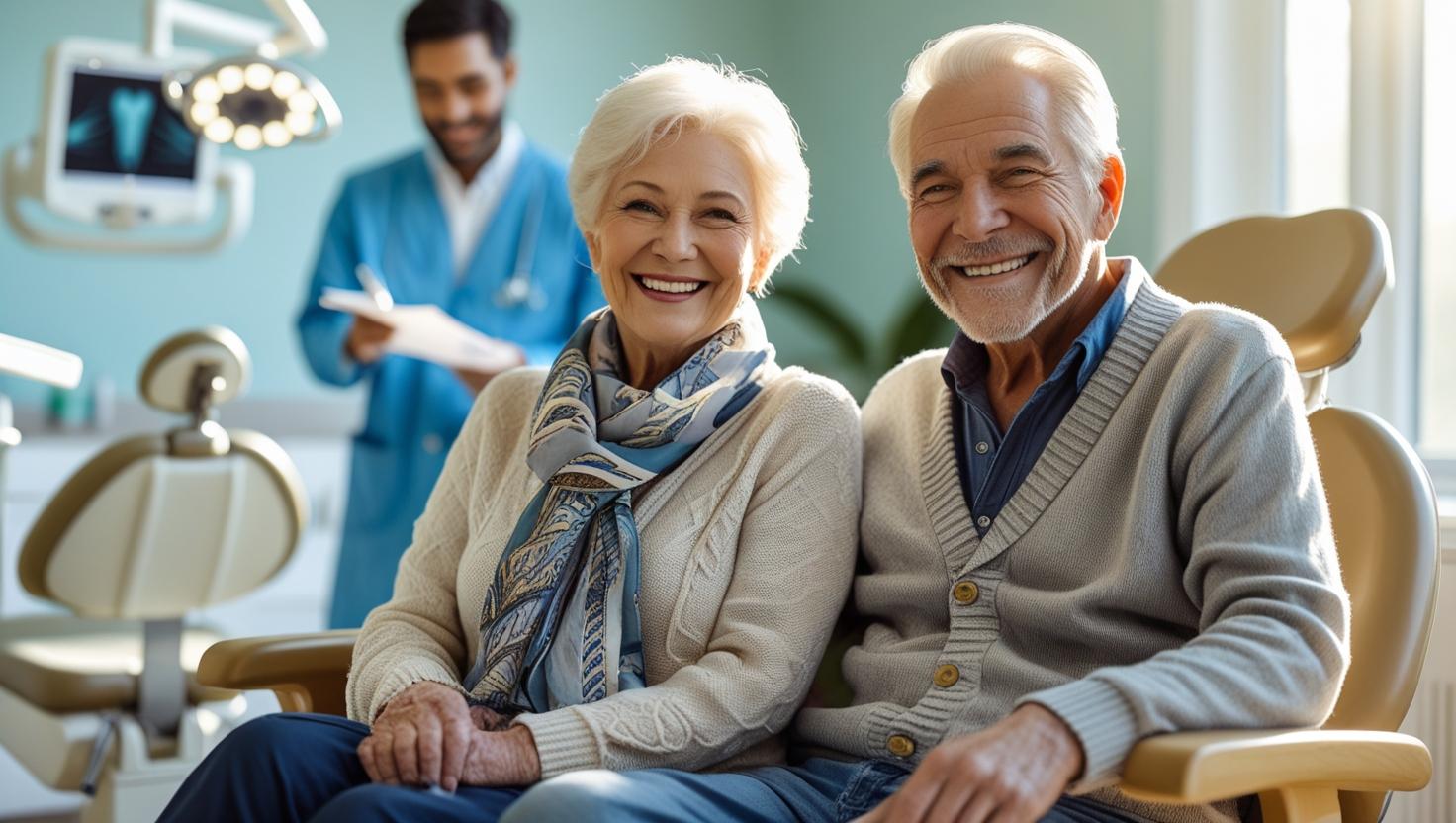 Smiling senior couple after dental checkup in a clinic, representing affordable dental insurance options for low-income seniors in 2025.